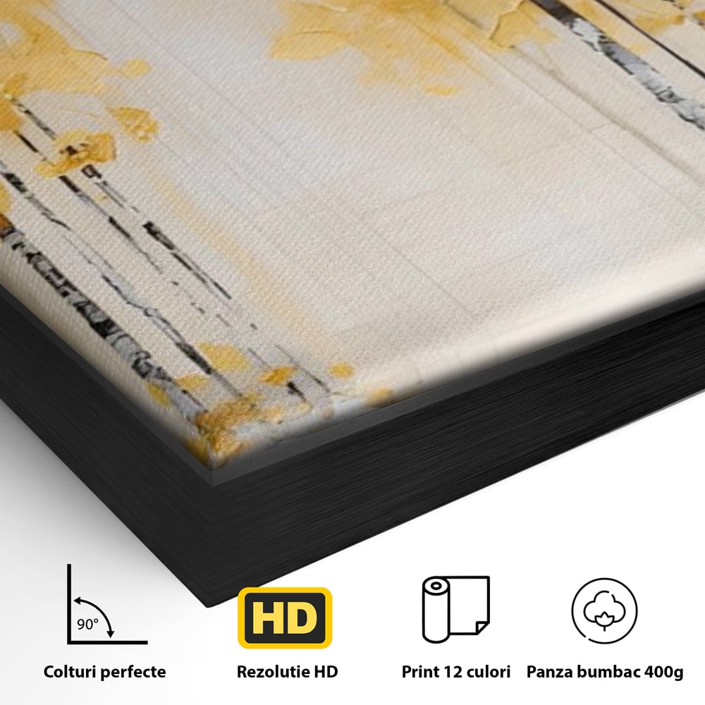 Detaliu al suprafetei: pictura verticala cu padure aurie, in rama de aluminiu negru